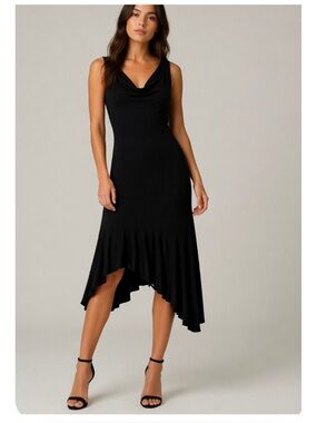 Vintage 90s Laundry by Shelli Segal Black Cowl Neck Asymmetrical Midi Dress Sz 6